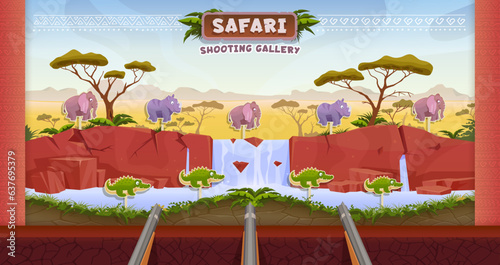 African safari hunting carnival shoot game, shooting range. Cartoon vector amusement park booth with elephant, hippo and alligator aims. Hunt entertainment stall with targets, and rifle guns in row