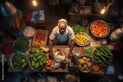 Indian man selling vegetables at his small stall in the local vegetable market. photo