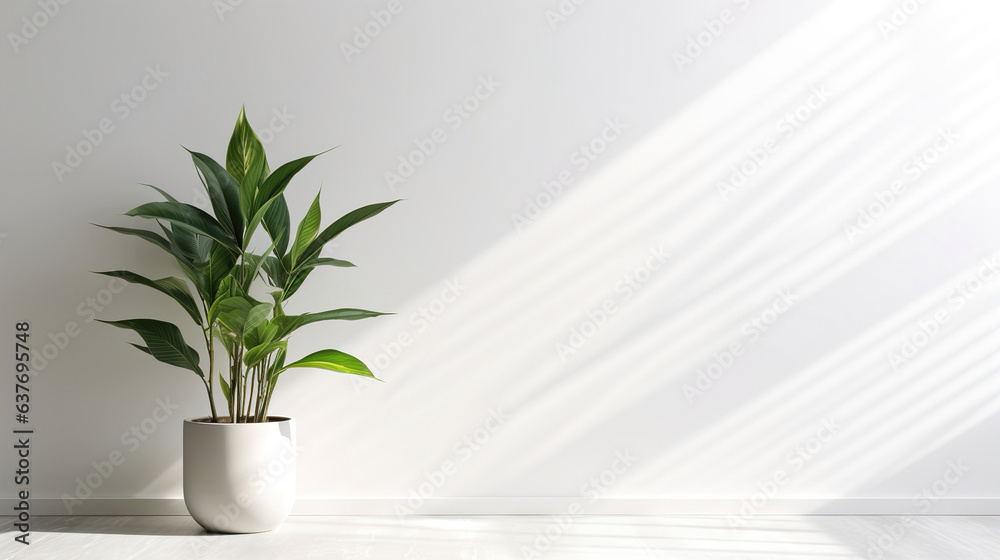 a modern white wall with a potted indoor plant in one corner.Generative Ai a modern white wall with a potted indoor plant in one corner.Generative Ai