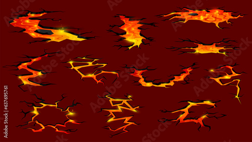Volcano lava or magma fire ground cracks. Cartoon vector earthquake fissures, land destruction texture top view. Molten lava flows creating fiery rivers with intense heat and explosive force