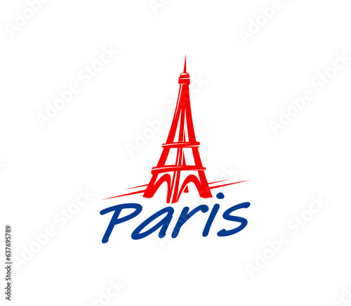 Paris Eiffel tower emblem. French journey building, Paris famous monument or Europe vacation tourism architecture vector emblem. European historic Eiffel tower icon or symbol