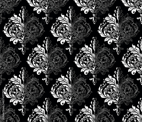 Wallpaper in the style of Baroque. Seamless vector background. White and black floral ornament. Graphic pattern for fabric, wallpaper, packaging. Ornate Damask flower ornament
