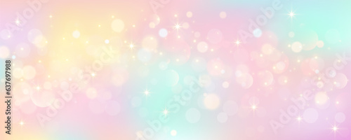 Rainbow unicorn pastel background with glitter stars. Pink fantasy sky. Holographic space with bokeh. Fairy iridescent gradient backdrop. Vector