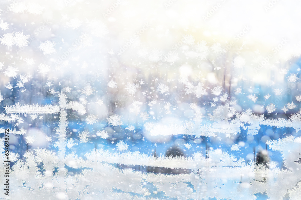 Winter landscape through a frozen window. Blurred snow background. Trees and plants covered with snow. Winter landscape through a frozen window. Blurred snow background. Trees and plants covered with snow.
