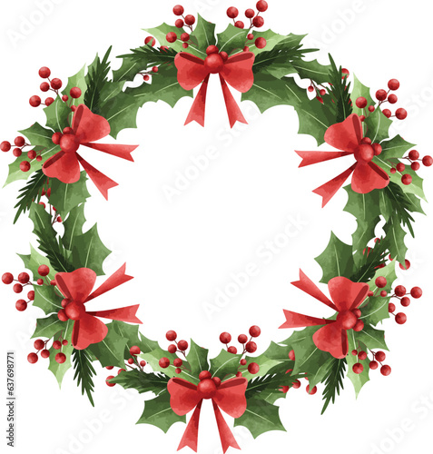 Watercolor illustration Christmas wreath decoratrion