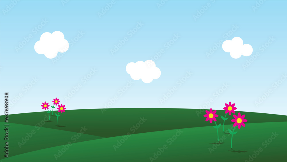 landscape cartoon scene with green hills and white cloud in summer blue sky background landscape cartoon scene with green hills and white cloud in summer blue sky background