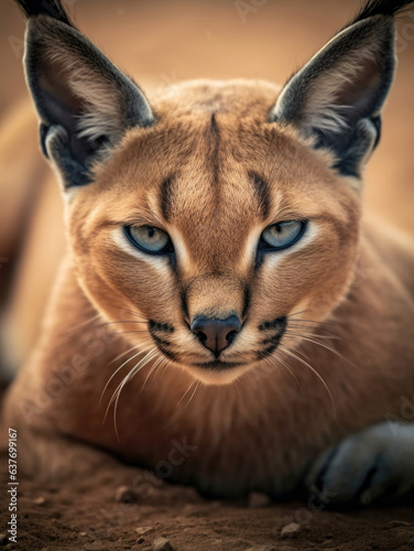 Cat caracal in the wild sits on the ground and looks at the camera. © Artemiy