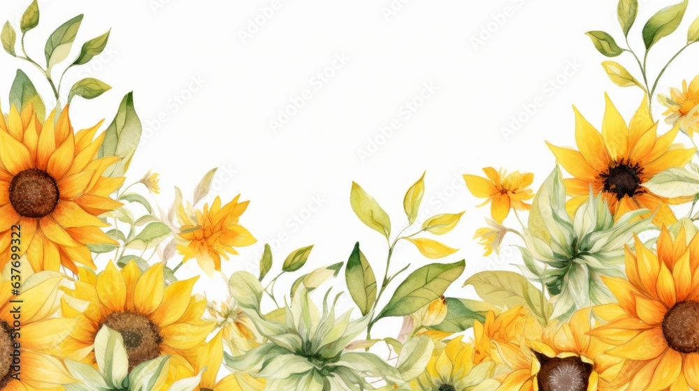 Watercolor sunflowers around border background. Watercolor floral Botanical Drawing