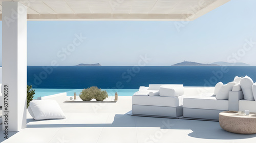 Minimalist greek resort by the sea. Indoor outdoor space with lounging furniture, with cushions and throw.