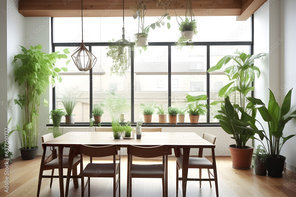 Obraz premium Stylish and botanical interior dining room with craft design of wooden tables, chairs, loft of plants, big windows, elegant accessories in modern home decor. Templates.