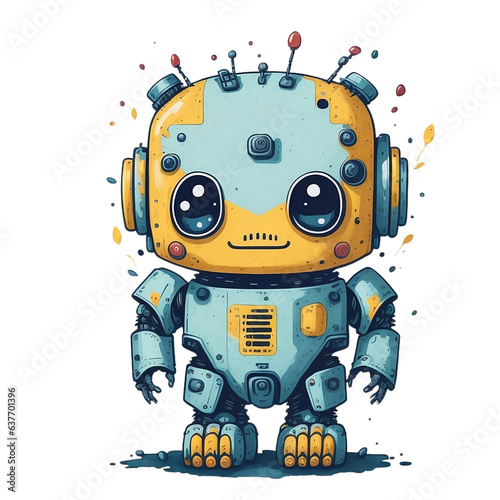 Watercolor Cute Baby Robot Isolated on Transparent And White Background.