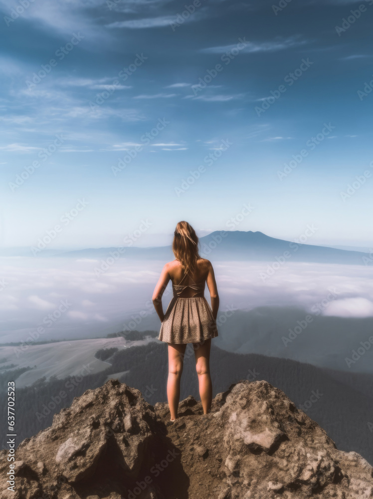 Young woman standing on top of a mountain