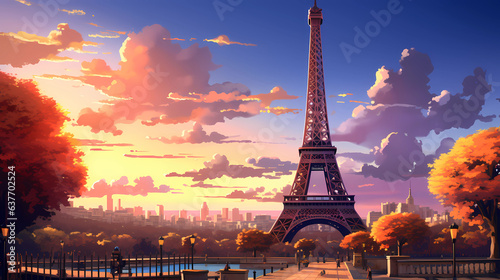 the majestic Eiffel Tower against a sunset sky © ginstudio