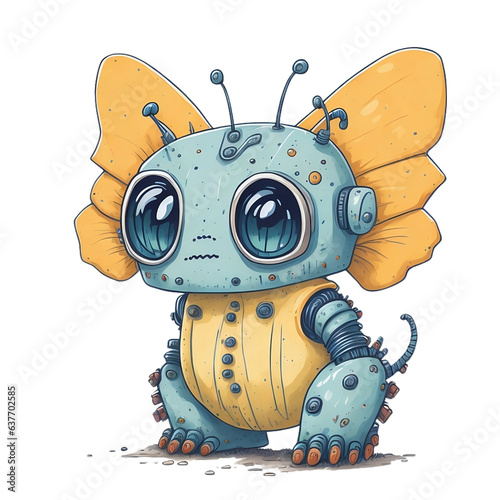 Watercolor Cute Butterfly Robot Isolated on Transparent And White Background.
