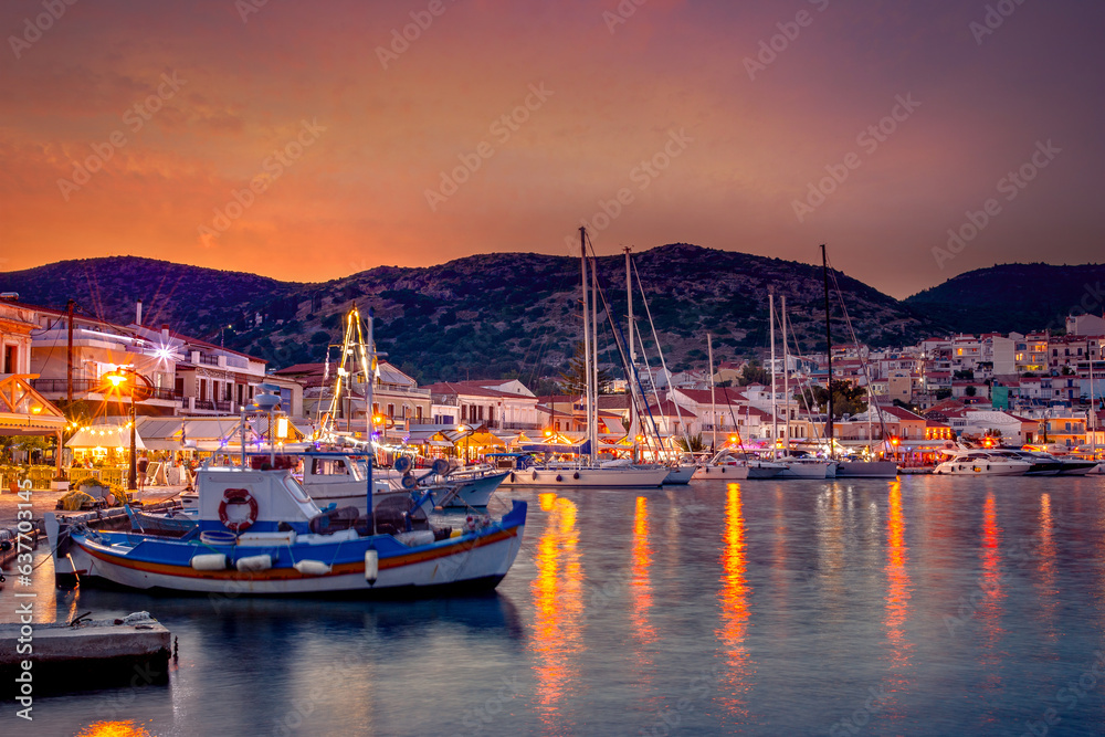 Picturesque Pythagorio town on Samos island, Greece.  - obrazy, fototapety, plakaty 