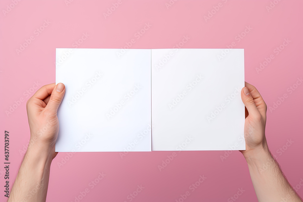A human hand holding a blank sheet of white paper or card isolated on pink background A human hand holding a blank sheet of white paper or card isolated on pink background