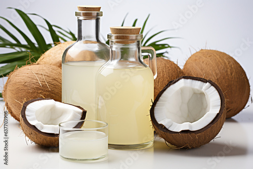 Coconut oil in a bottle with olive with coconut .Health food, diet concept.Created with Generative AI technology.