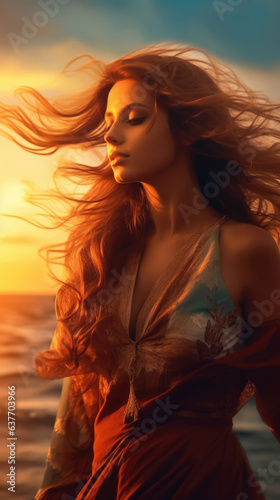Young beautiful woman looks at the sea at sunset © Artemiy