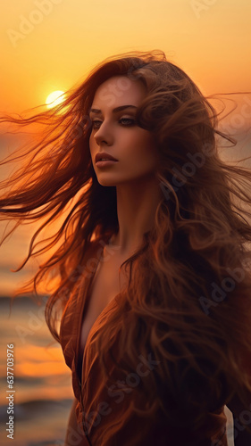 Young beautiful woman looks at the sea at sunset