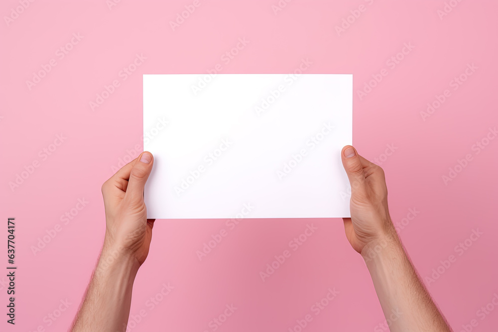 A human hand holding a blank sheet of white paper or card isolated on pink background A human hand holding a blank sheet of white paper or card isolated on pink background