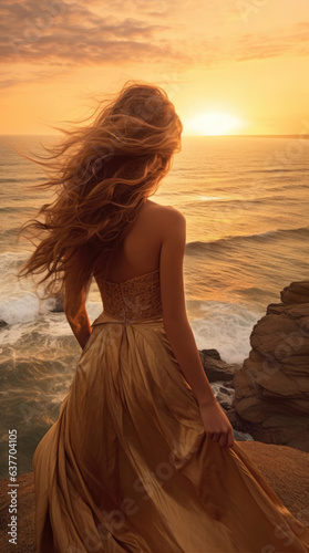 Young beautiful woman looks at the sea at sunset