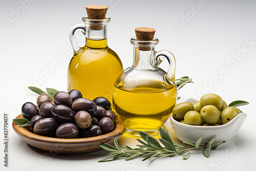 Organic olive oil in a bottle with olive.Health food, diet concept.Created with Generative AI technology.