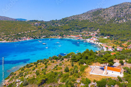 Small fishing village of Posidonio with turquoise blue Aegean sea on Samos island  Greece