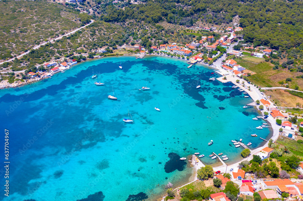 Small fishing village of Posidonio with turquoise blue Aegean sea on Samos island, Greece
