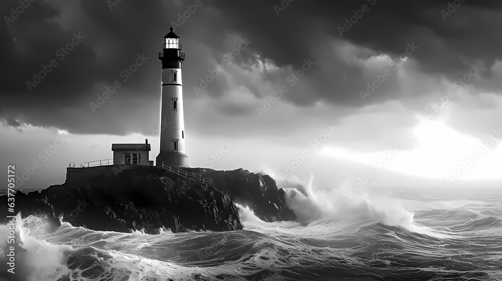 Historic Lighthouse Standing Tall Against a Roiling Sea at Dusk in Moody Monochrome	
