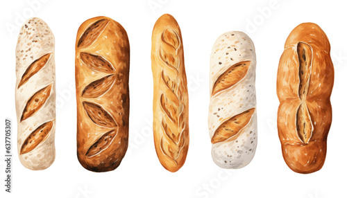 Watercolor bread baguette illustration without background