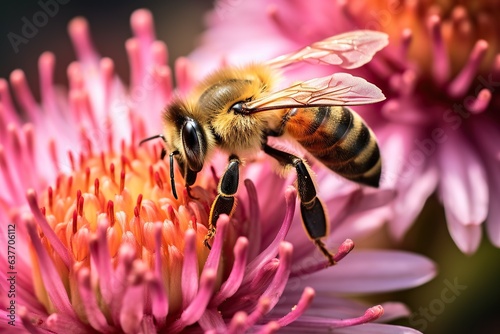 Close up view of bee on pink flower. Soft focus.