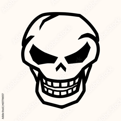 Human skull with a sinister smile, vector illustration. Drawing line simple skull icon. Jolly Roger logo template, Halloween party decoration, T-shirt design.