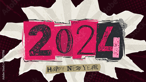 Happy New Year collage banner. Trendy vector illustration in collage style for New Year events with doodles. Number 2024 with grunge effect with torn paper on background. Happy New 2024 Year.
