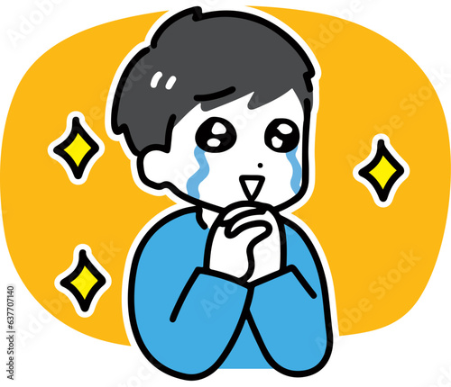感動して涙を流す私服の若い男性(上半身)
