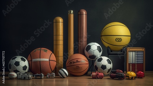 Sport equipment on the wooden floor with blackboard background. 