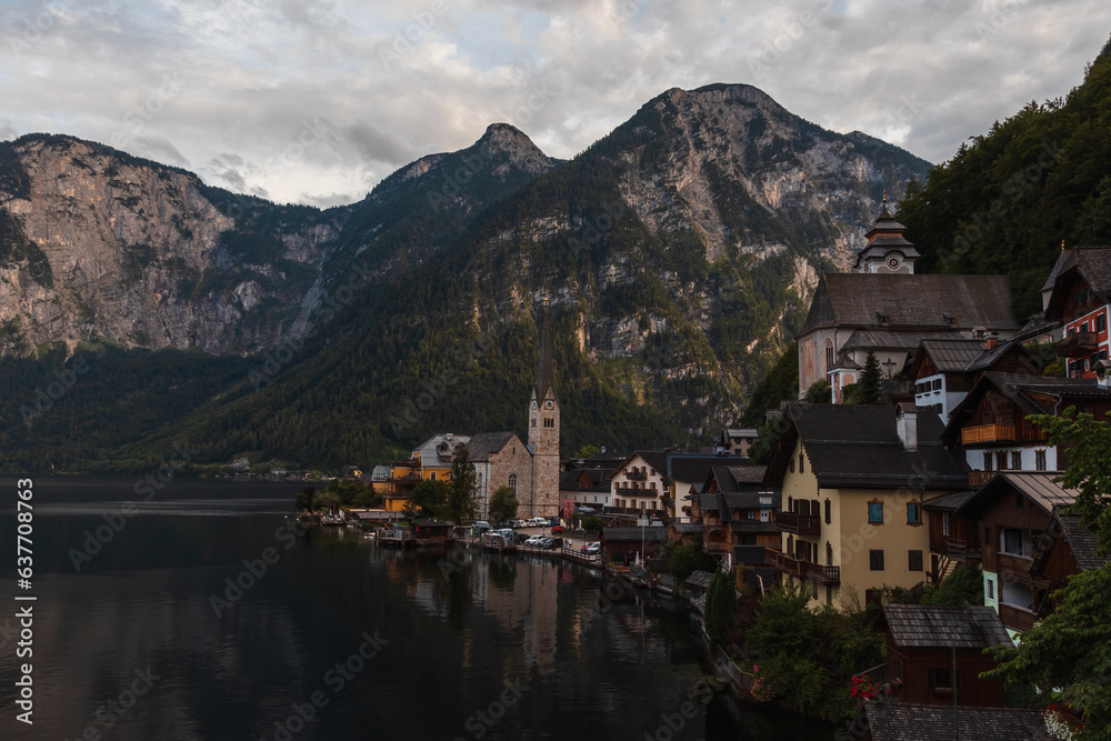 Hallstat austria village. Small famous, romantic alps city on lake shore