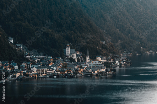 Hallstat austria village. Small famous, romantic alps city on lake shore