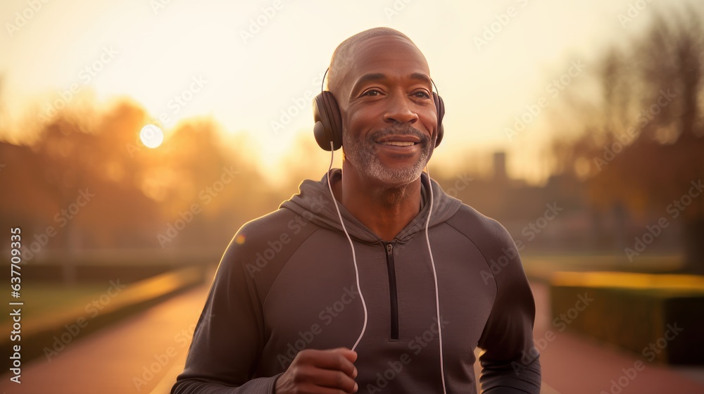 Fototapeta premium Old african american black man running and jogging on track for fitness, morning routine. Generative AI