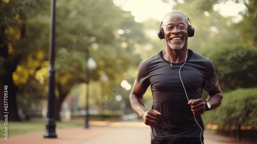 Old african american black man running and jogging on track for fitness, morning routine. Generative AI