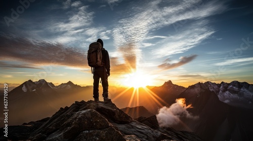 Alone hiking guy on top of the mountain watching the sunrise, sunset. Generative AI