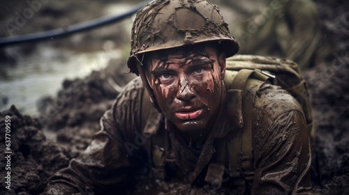 Soldier inside mud pit during Great War, war event, war moment. Generative AI