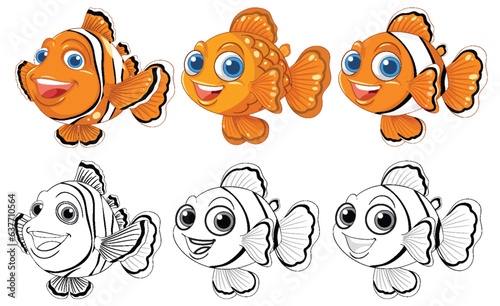 Cute Clownfish and Goldfish Cartoon Characters in Vector Style