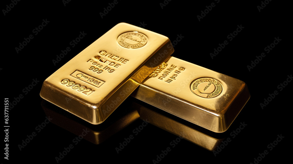 Stacks of pure gold bar on dark background. Represent business and finance concept idea. Generative AI Stacks of pure gold bar on dark background. Represent business and finance concept idea. Generative AI