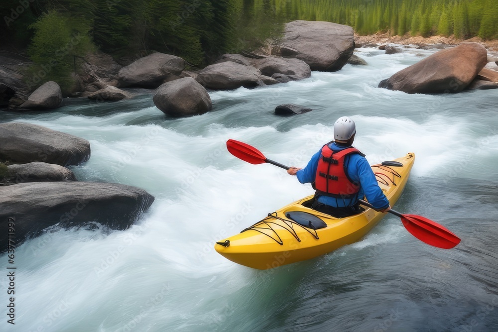 man kayaking on the river with mountain background