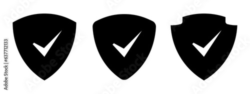 Security shield icon set. Security shields logotypes with check mark, tick mark, right and yes mark. Security shield symbols in black and white color. Vector illustration.