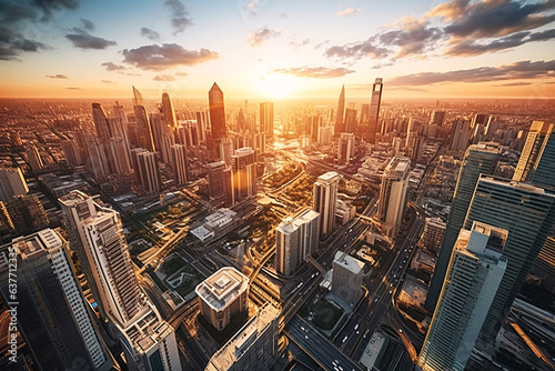 Aerial View of a Cityscape at Sunset Highlighting Urban Development