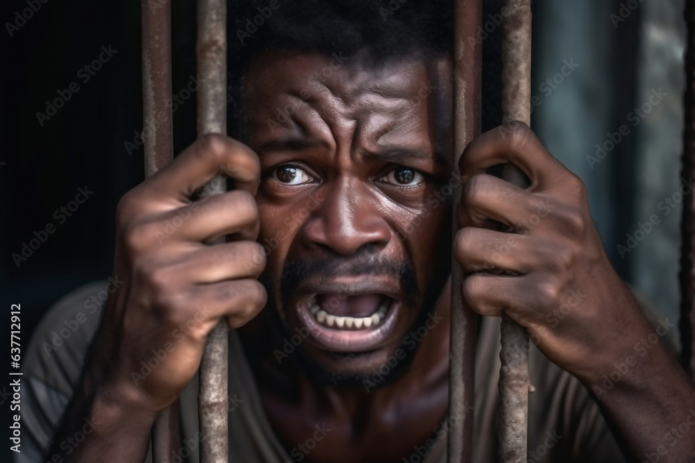 African American man stands behind prison cell bars and looks at camera. Prisoner serves imprisonment term in jail. Criminal in correctional facility or detention center. portrait. African American man stands behind prison cell bars and looks at camera. Prisoner serves imprisonment term in jail. Criminal in correctional facility or detention center. portrait.
