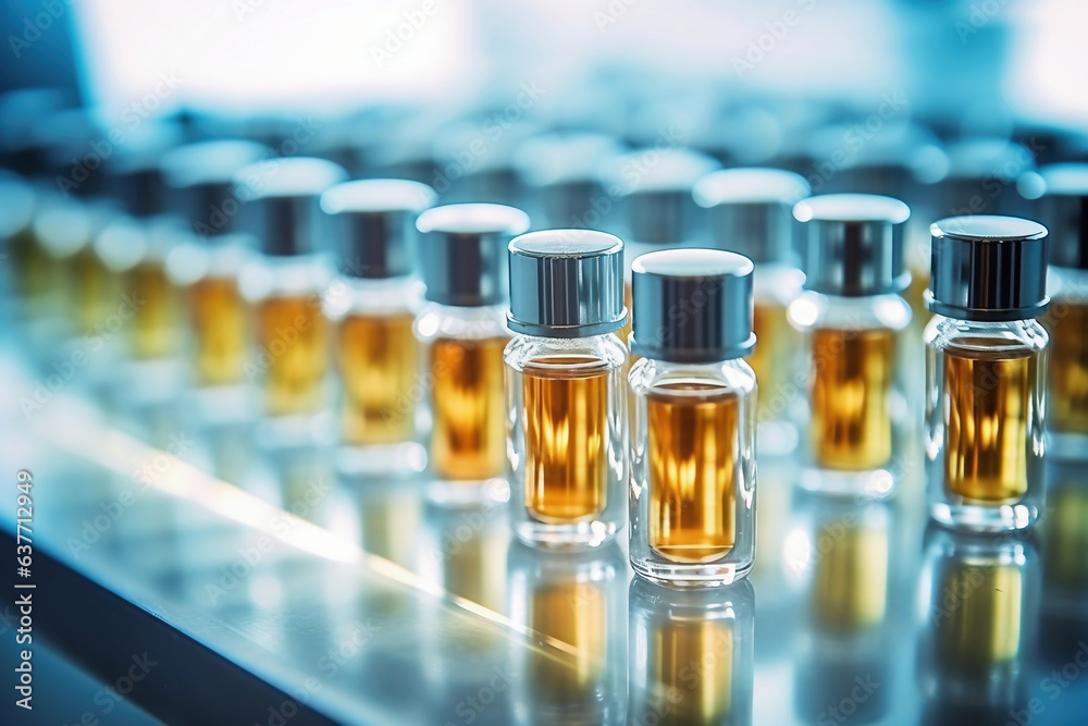 Glass vials for liquid samples. Laboratory equipment for dispensing fluid samples. Shallow depth of field.