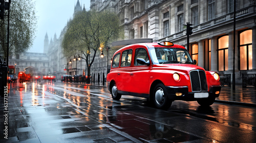  London Red Taxi Austin or red cab inthe middle of city street in light of lanterns. Evening mist. Banner. Generative Ai content photo