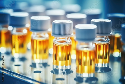 Glass vials for liquid samples. Laboratory equipment for dispensing fluid samples. Shallow depth of field.